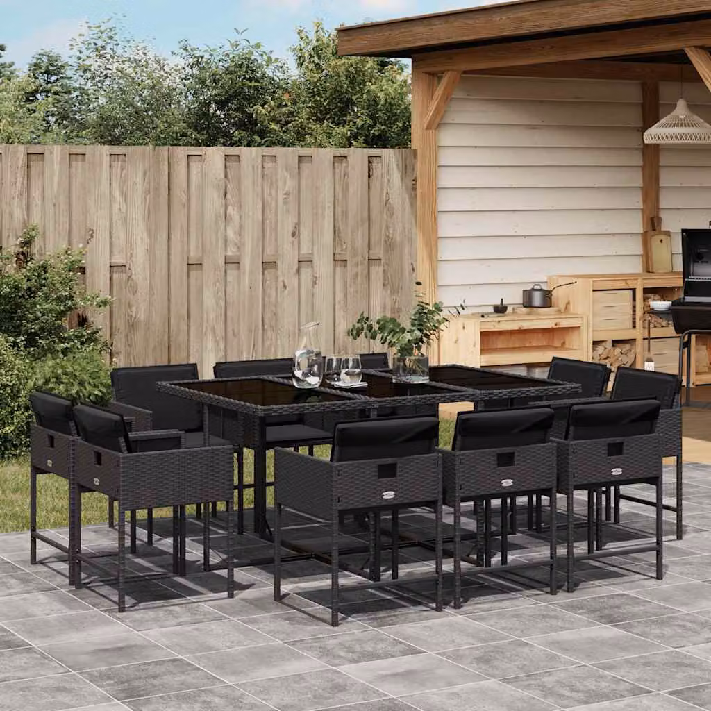 vidaXL Set da Pranzo da Giardino 11 pz in Polyrattan Nero con Cuscini e Tavolo in Vetro – 1