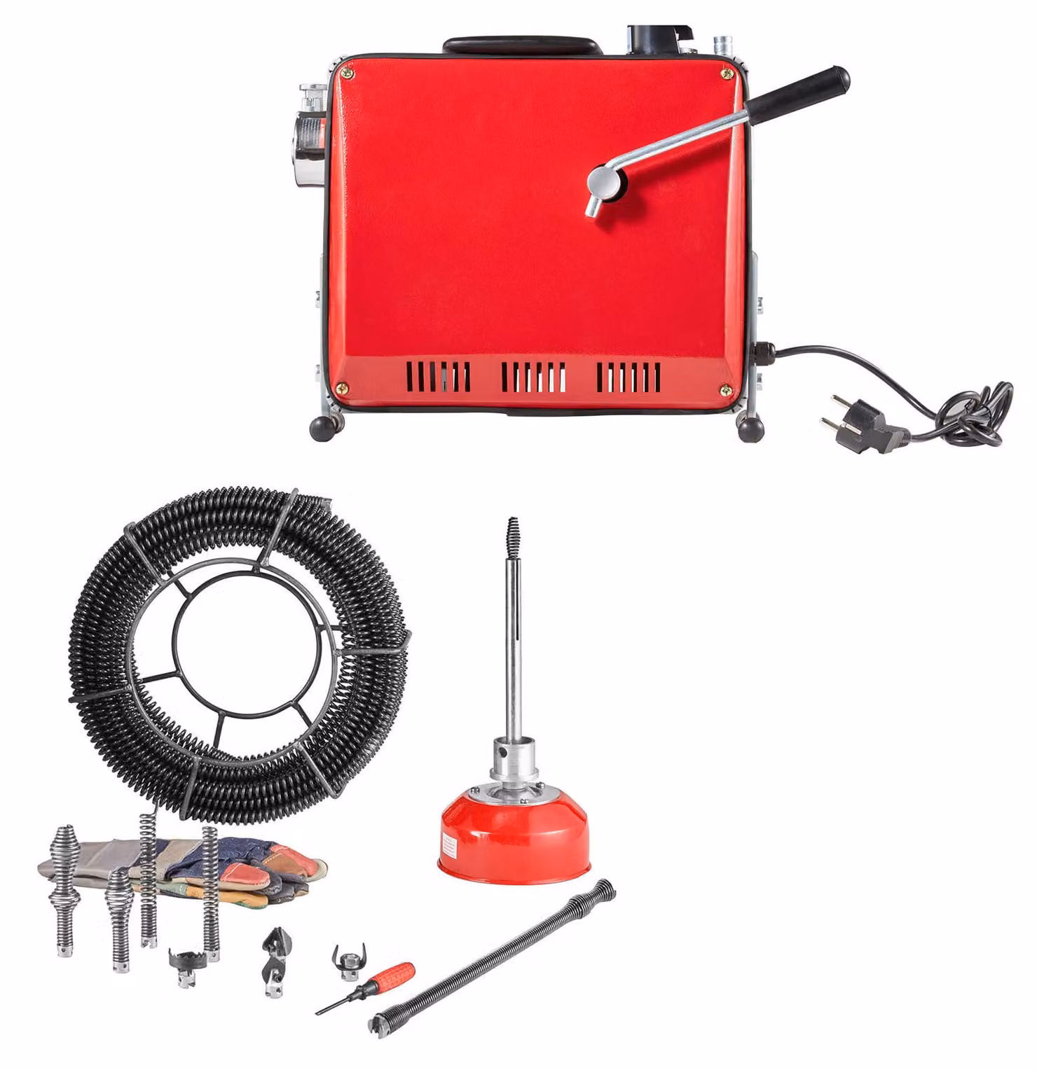 SucceBuy, macchina elettrica per la pulizia delle tubature, 500 W, 1400 giri/min, pulitore per scarichi con cavo a spirale da 20 metri x 16 mm e 5 metri x 9,5 mm, spirale flessibile da 0,4 metri x 16 mm e 8 teste di taglio, adatta per tubi con un diametro