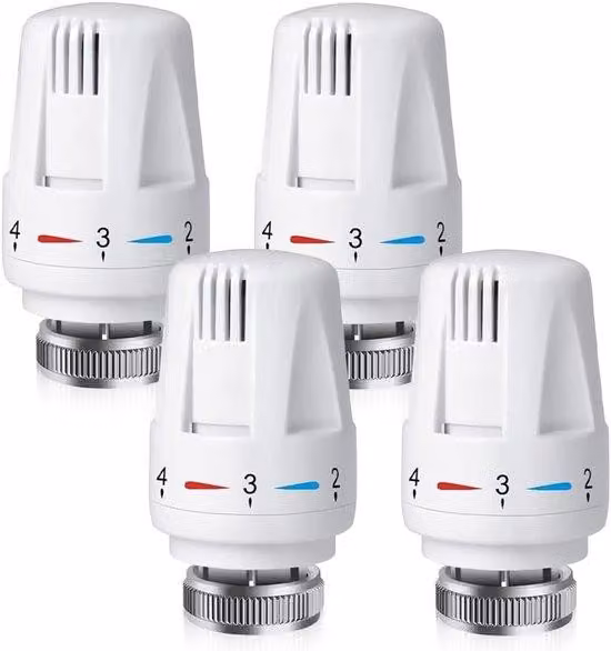 Uniqoos® Set di 4 termostati per radiatori, filettatura M30 x 1,5 – Termostati per una facile regolazione della temperatura su radiatori standard, ideali per la casa e l'ufficio