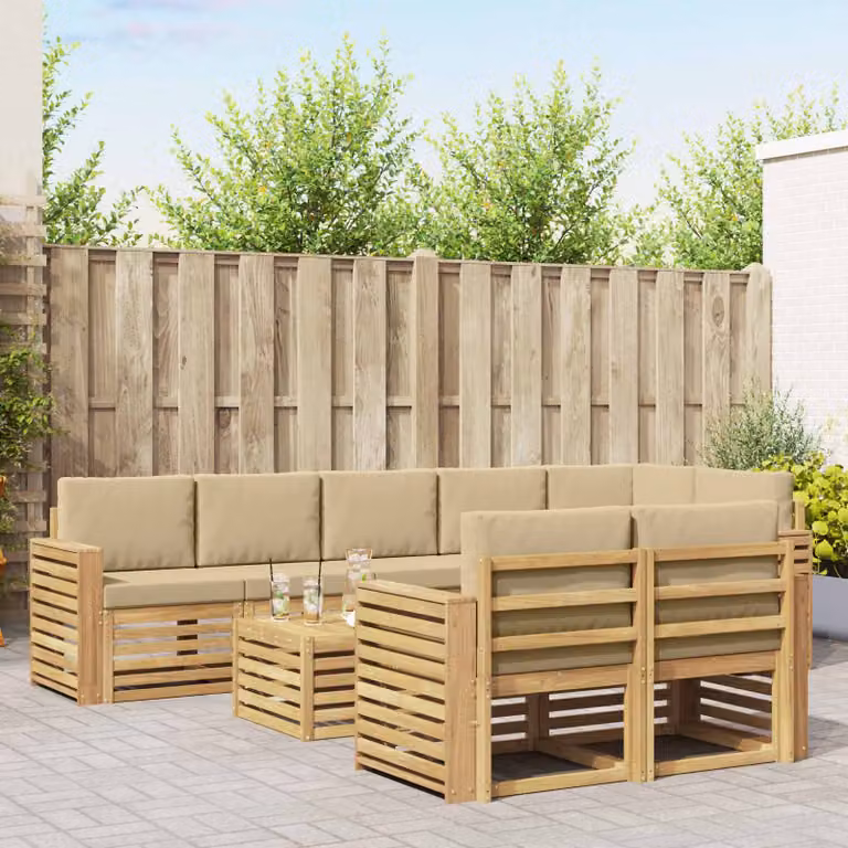 Set di divani da esterno vidaXL a forma di L con tavolo da caffè, 9 pezzi, in legno di acacia e poliestere bianco, beige e marrone
