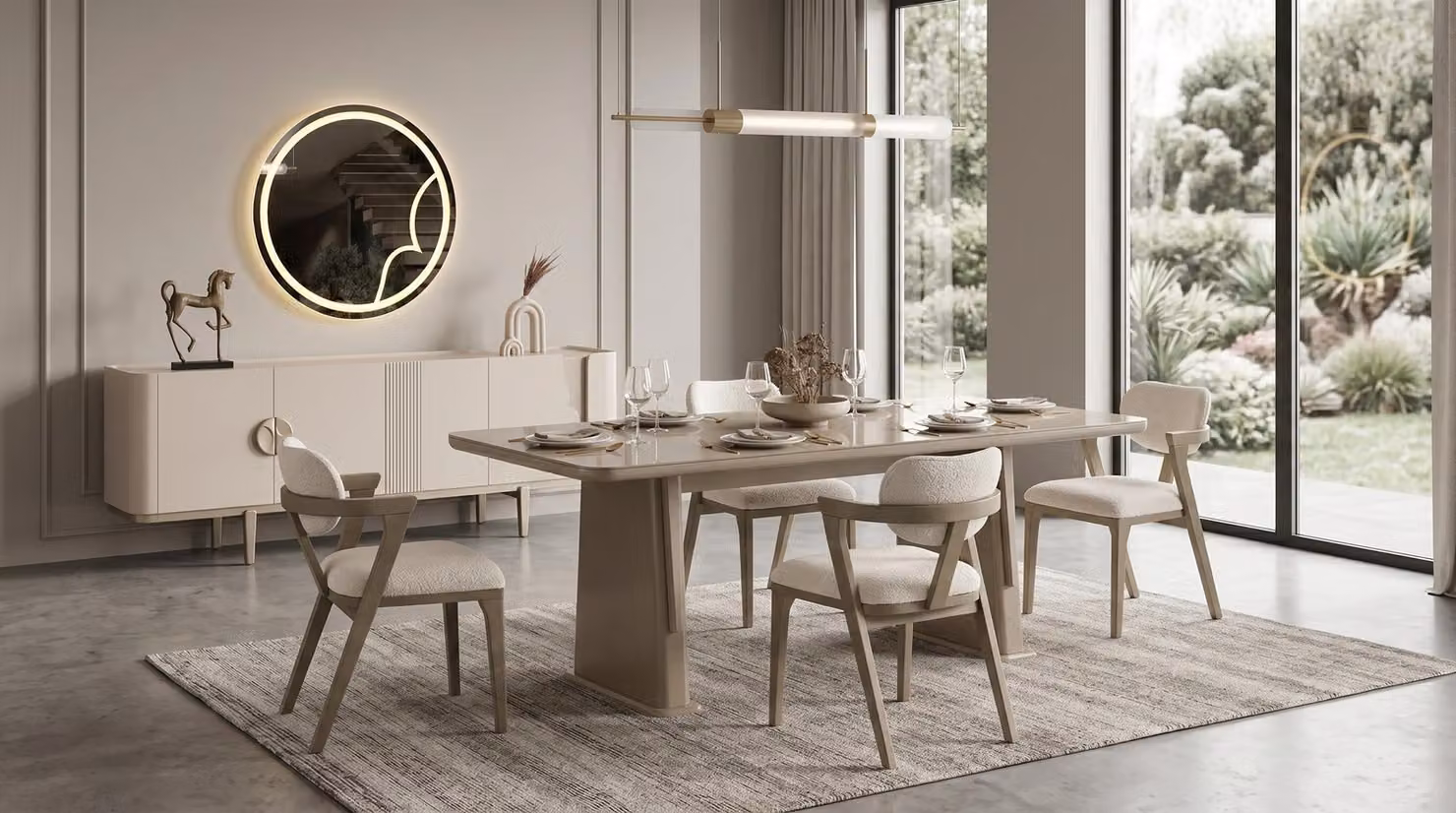 Set per sala da pranzo: tavolo, 4 sedie, consolle, specchio. Stile moderno. Colore: beige