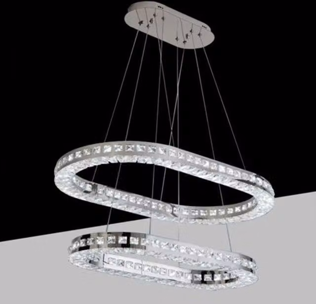 Lampadario a sospensione Trade Shop con 2 anelli in cristallo e LED da 46 Watt, colore argento cromato, modello B49-3c – 1