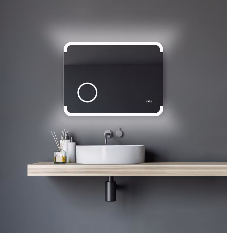 Specchio da bagno a LED, 80x60 cm, con funzione di ingrandimento e orologio digitale