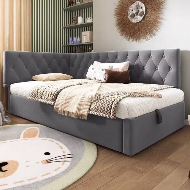 Letto 90x200 cm con contenitore idraulico e testiera reversibile in velluto grigio