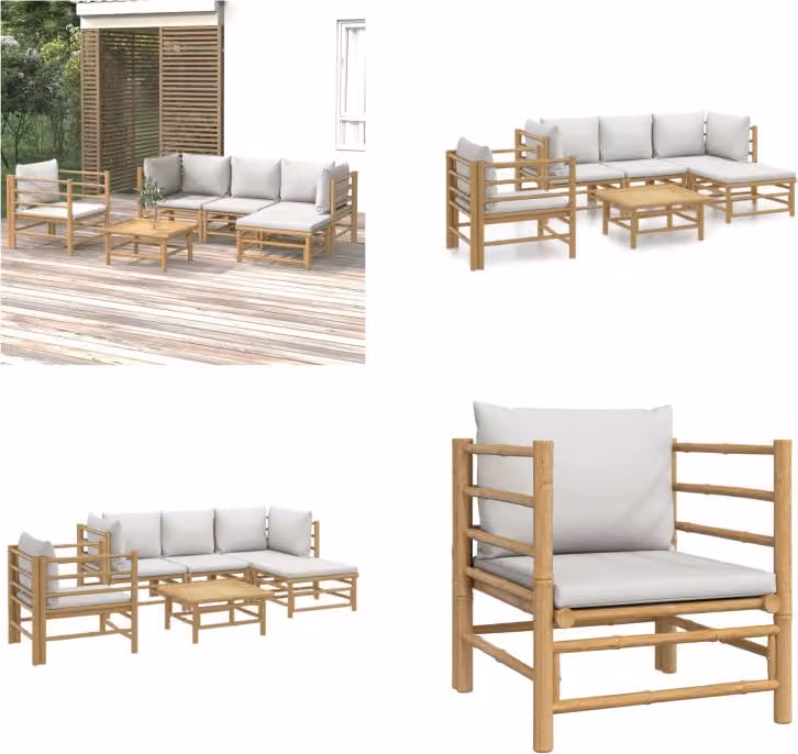 vidaXL Set da salotto da giardino in 6 pezzi con cuscini in bambù grigio chiaro - Set da salotto da giardino - Set da salotto - Set da arredo da giardino