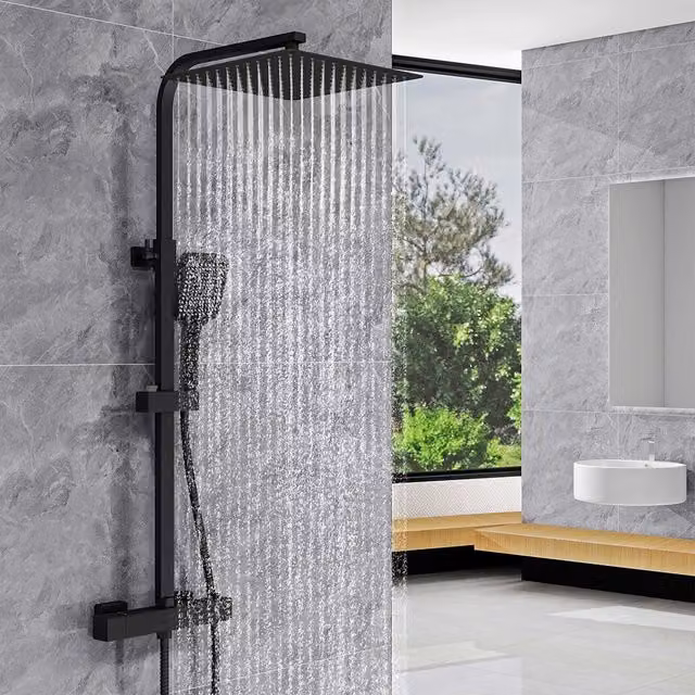 Colonna doccia termostatica AICA con soffione quadrato e doccetta multifunzione, nero opaco, in acciaio inox – 1