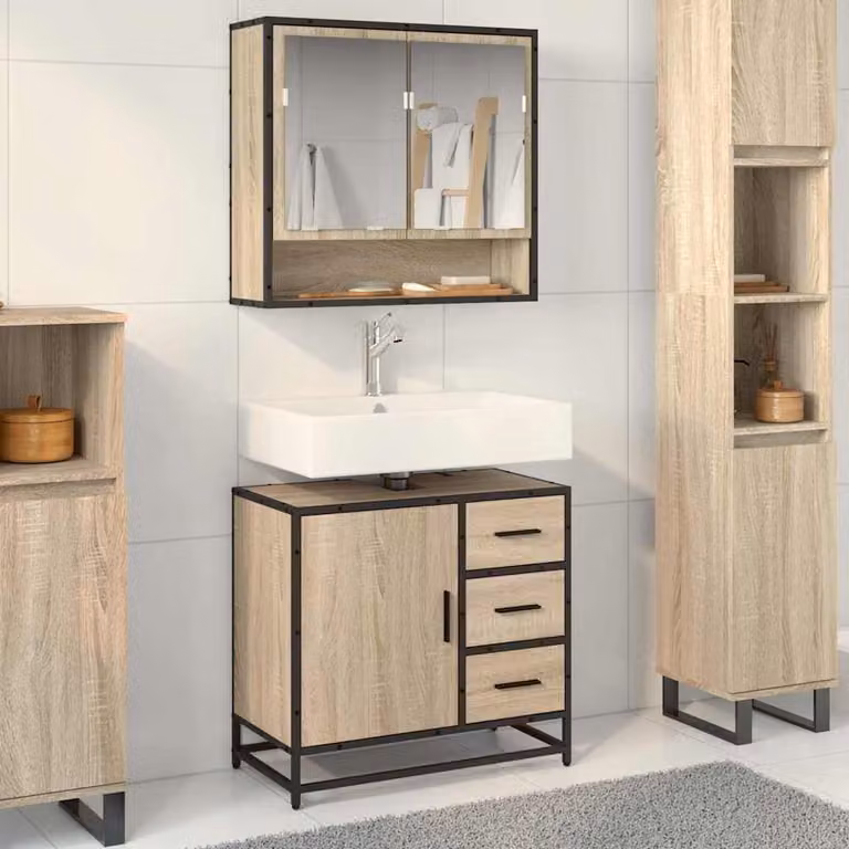 Mobile Lavabo da Bagno vidaXL in Rovere Sonoma, Stile Industrial, L: 65 cm, P: 33 cm, H: 60 cm