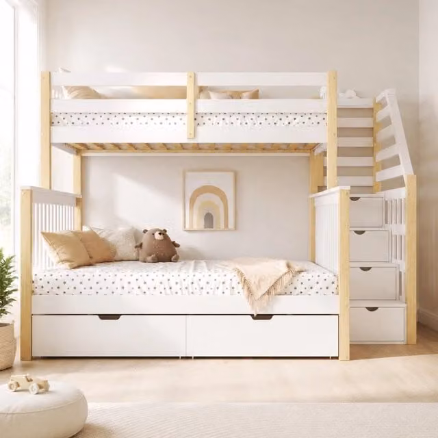 Letto a castello Mivray per bambini con cassetti e scala in legno bianco e beige L/P/H: 254 x 145 x 120 cm