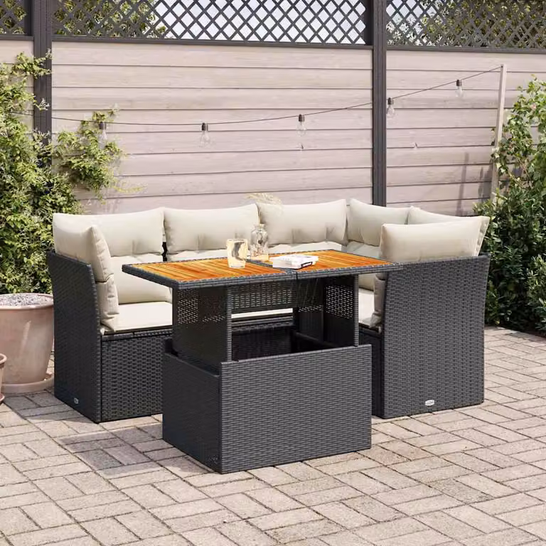 Set Divani da Giardino vidaXL a Forma di L in Polyrattan con Tavolino e Cuscini, Colore Nero