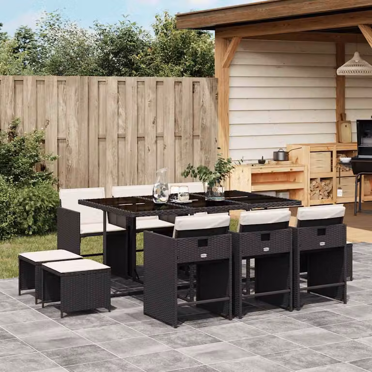 vidaXL Set da Pranzo da Giardino 11 pz in Polyrattan con Piano in Vetro e Cuscini Nero e Bianco