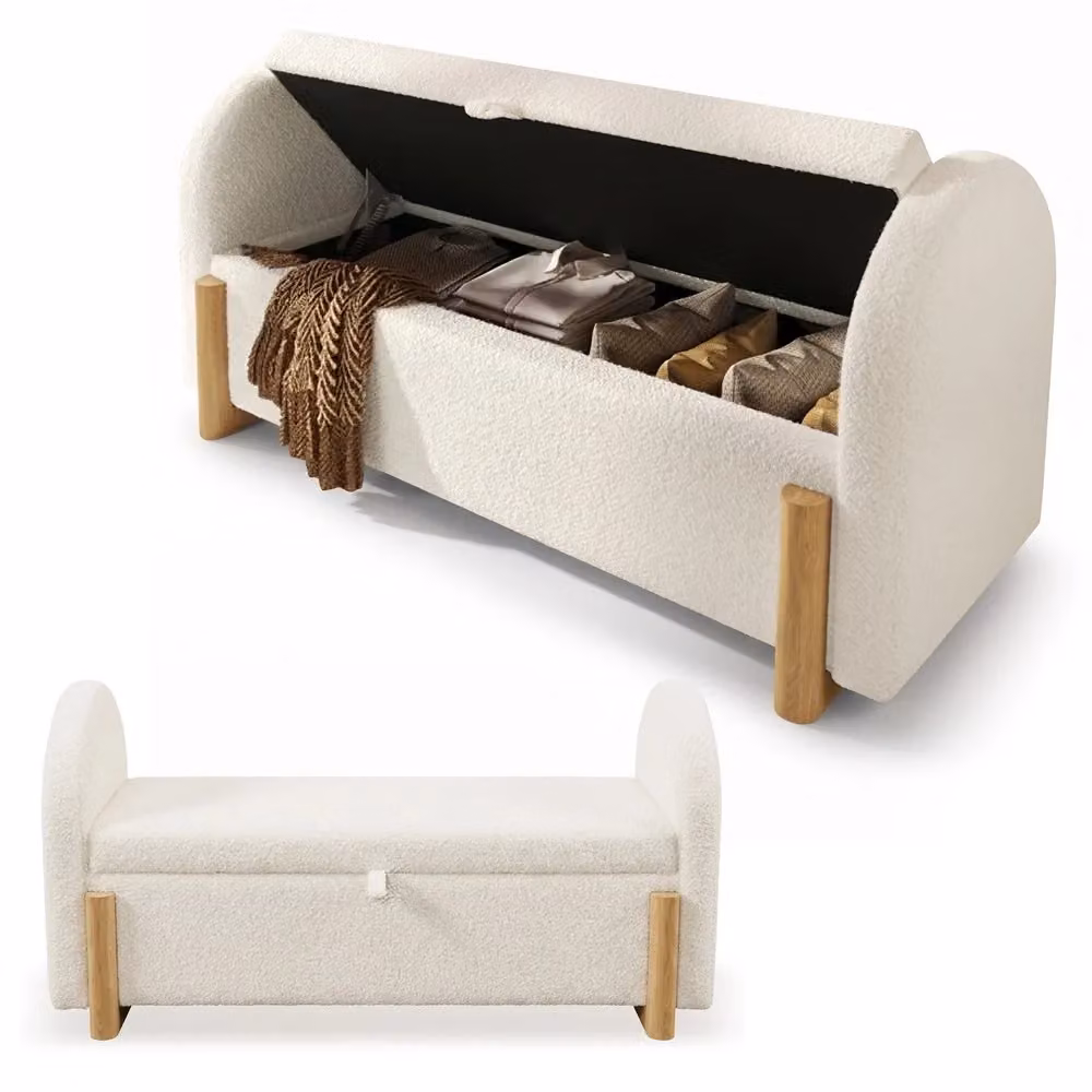 Panca contenitore imbottita Minimal in tessuto bouclé bianco con gambe in legno L 106 cm x P 47 cm x H 61 cm – 2