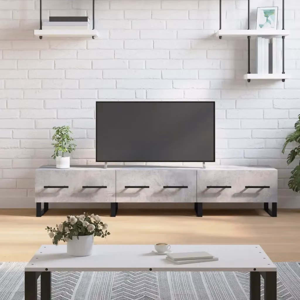 Mobile TV in stile industrial con finitura grigio cemento e dettagli in legno e metallo, L 150 x P 36 x H 30 cm – 2