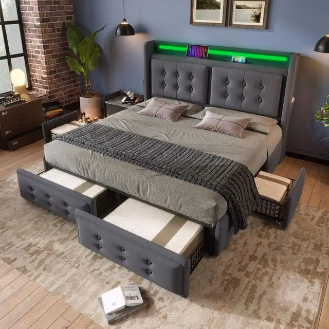 Letto Contenitore Imbottito 140x200 ¨C MINIMAL ¨C Grigio, Testiera LED USB, 4 Cassetti, Doghe in Legno