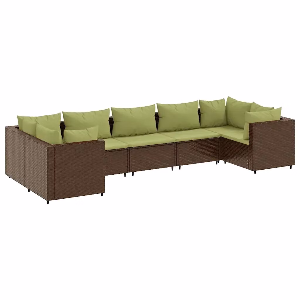 Set di Divani da Giardino vidaXL 7 pz a Forma a L con Cuscini in Polyrattan e Struttura in Metallo, Colore Marrone e Verde – 2