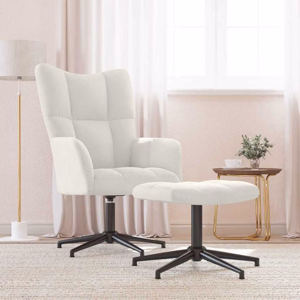 vidaXL Poltrona Relax con Poggiapiedi Bianco in Velluto, Sedia Girevole 360 Gradi con Braccioli e Struttura in Metallo