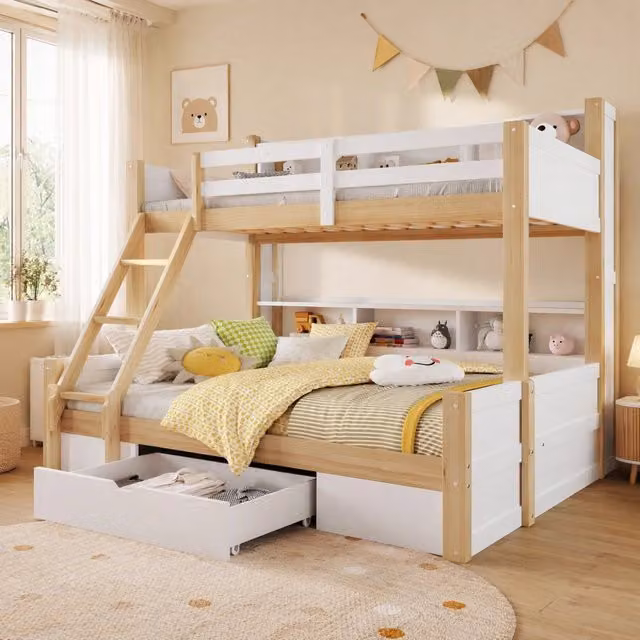 Letto a castello per bambini 90x200 cm + 140x200 cm in pino; bianco e naturale; con LED; cassetto e vani aperti