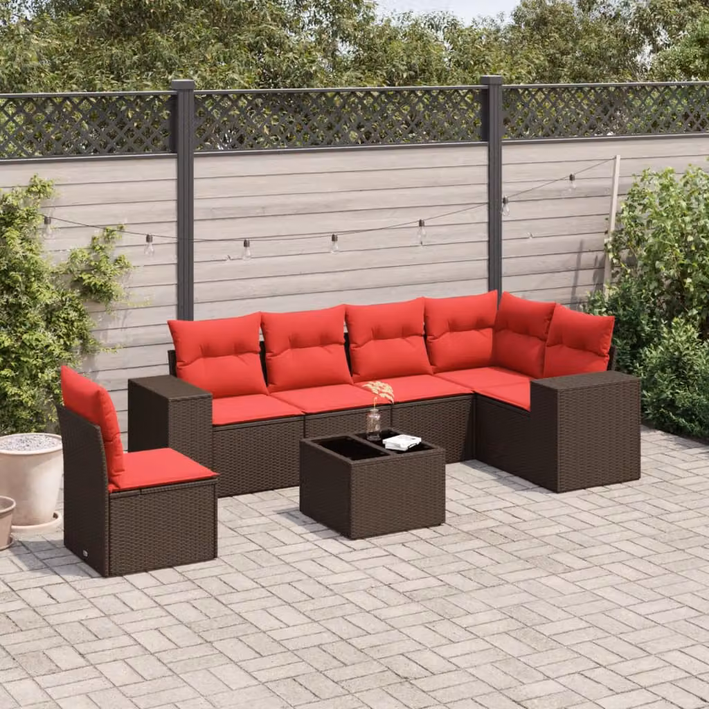 Set da giardino vidaXL in polyrattan marrone composto da 7 pezzi con cuscini e tavolino da caffè
