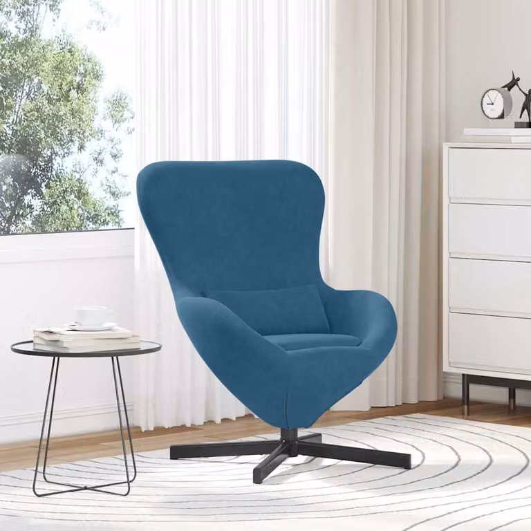 Poltrona uovo blu vidaXL in velluto con base girevole 360 gradi L: 63 cm, P: 73 cm, H: 90 cm