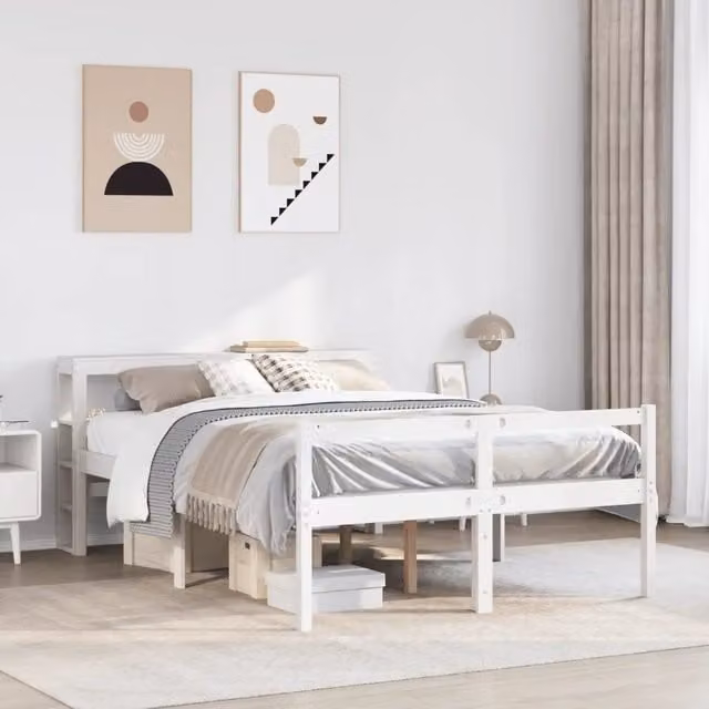 Letto Anziani con Testiera-Letto con Testiera per Anziani-Rete con Testiera Bianco 120x190cm Legno Massello Pino