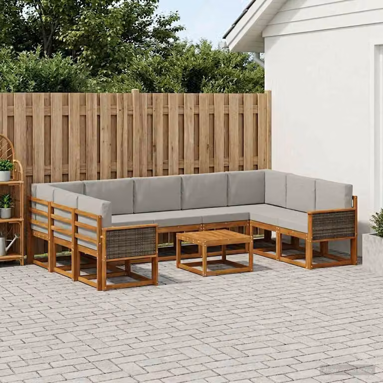 vidaXL Set di divani da esterno a forma di U composto da 10 pezzi in legno di acacia con cuscini, colore marrone e grigio