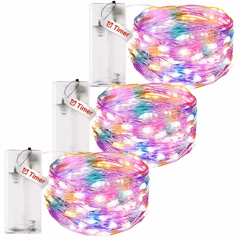 Catena luminosa a LED, confezione da 3 pezzi, lunghezza 5 metri, alimentazione a batteria, multicolore, per decorazioni