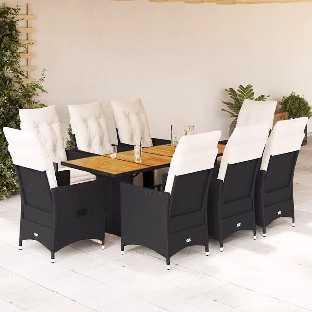Set da pranzo da giardino vidaXL in legno di acacia e polyrattan con 9 pezzi, nero e bianco – 1