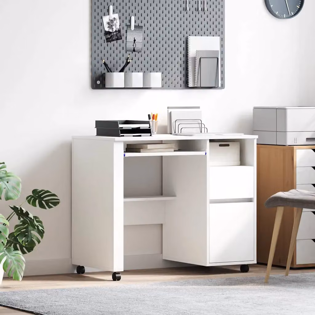 Scrivania moderna con ruote vidaXL in legno MDF bianco L: 91 cm, P: 50 cm, H: 77 cm