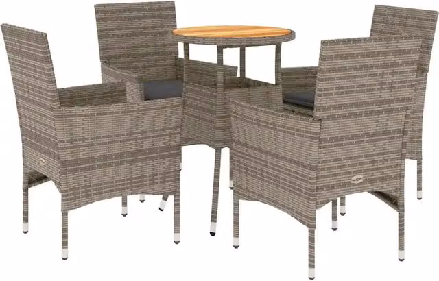 Set Salotto da Giardino 5 Pezzi in Polyrattan e Legno di Acacia con Cuscini Grigio