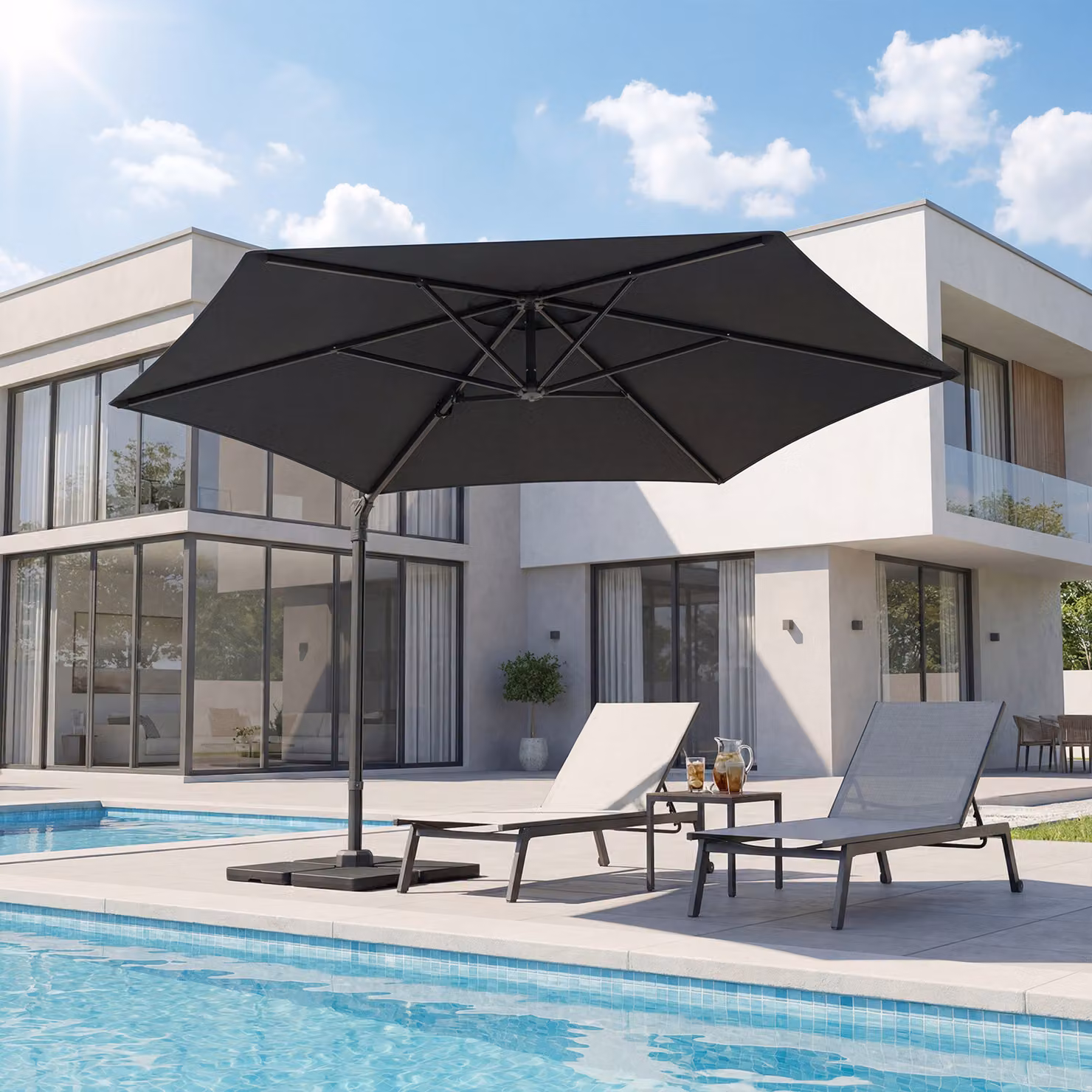 Ombrellone da giardino decentrato Costway Grigio con manovella, base a croce e rotazione a 360°, diametro 300 cm