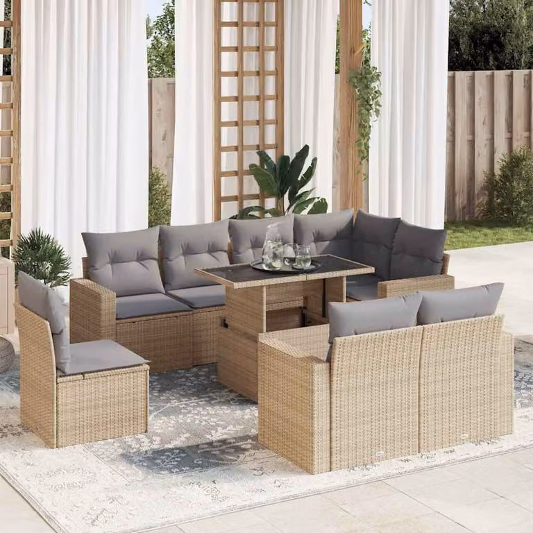 Set Divano da Giardino vidaXL 9 pz a forma di U con Cuscini Beige e Tavolino in Polyrattan e Metallo