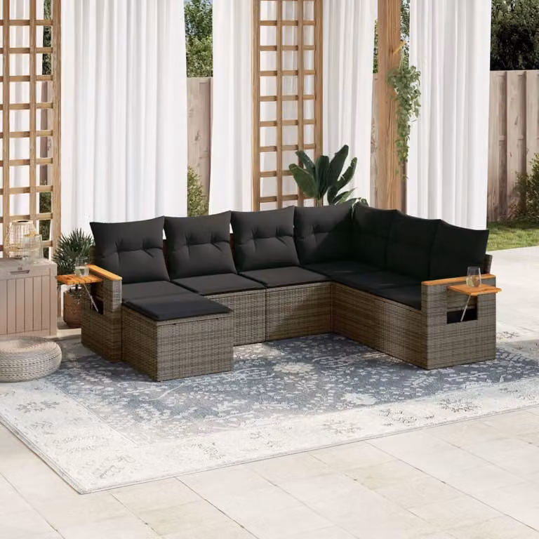 vidaXL Set Divani da Giardino a L 7 pz in Polyrattan Grigio con Cuscini e Coperture Rimovibili