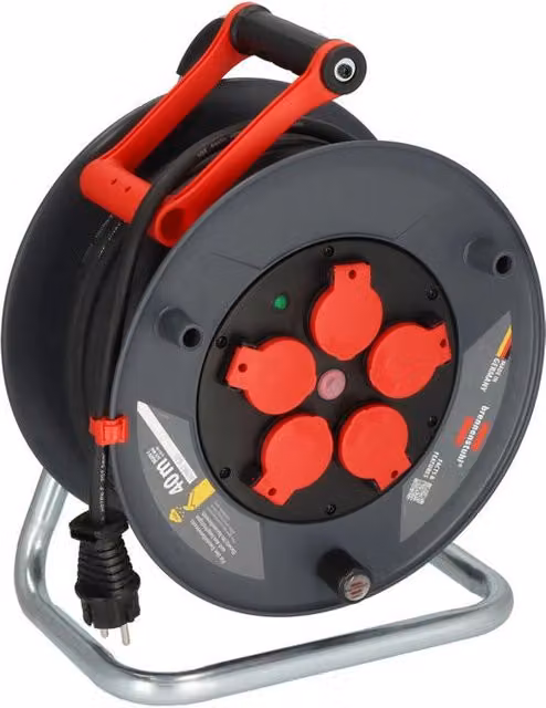 Brennenstuhl Professional Avvolgicavo con 5 Prese IP44, Lunghezza: 40 m, Colore Nero Rosso