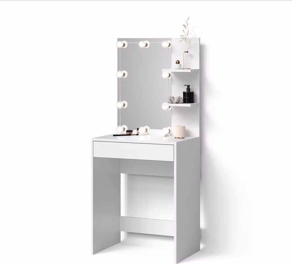 Tavolo da toeletta Livinity Nola Bianco 60 cm con specchio e catena luminosa LED, Model 52344