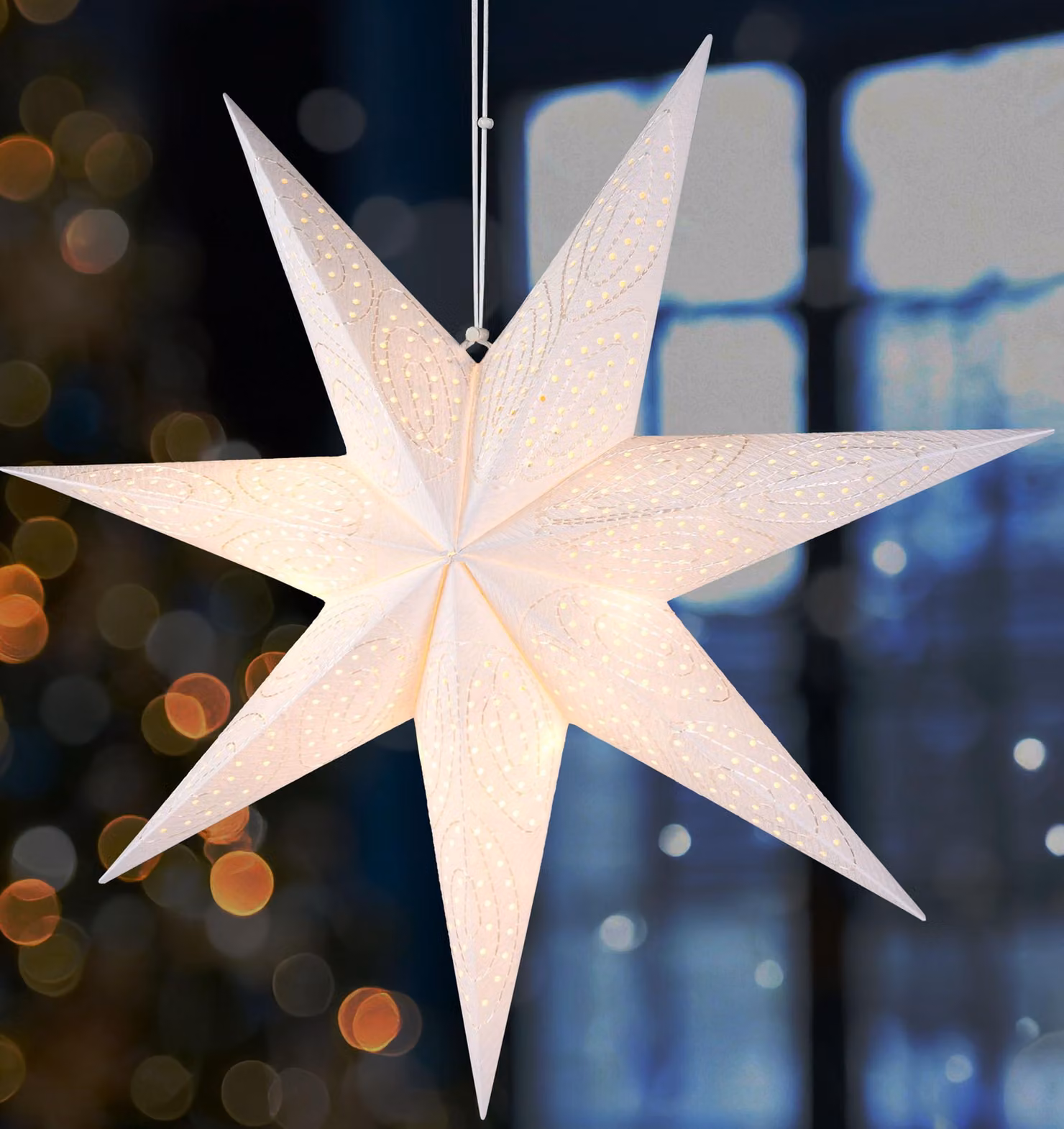 Stella di Natale in carta, 60 cm, con luci LED e timer, colore bianco