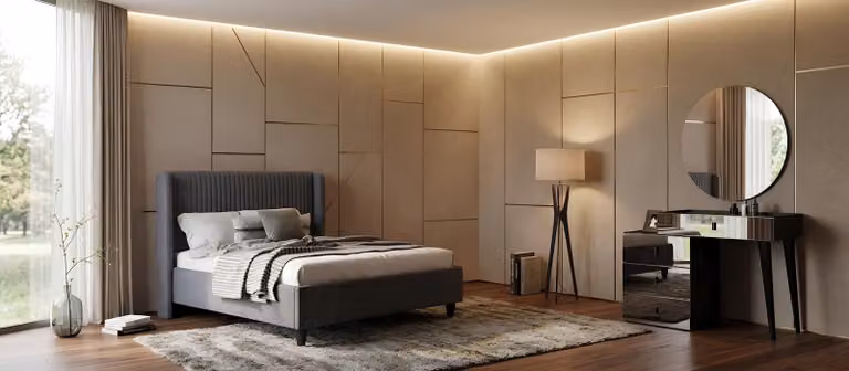 Set per camera da letto: letto, comò da trucco, colore nero, design moderno, confortevole, in legno