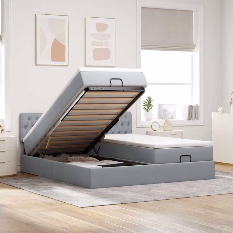 vidaXL Struttura Letto con Materasso e Base Contenitore Lift-up in Tessuto, L: 180 cm, P: 200 cm, H: 280 cm, Grigio e Bianco
