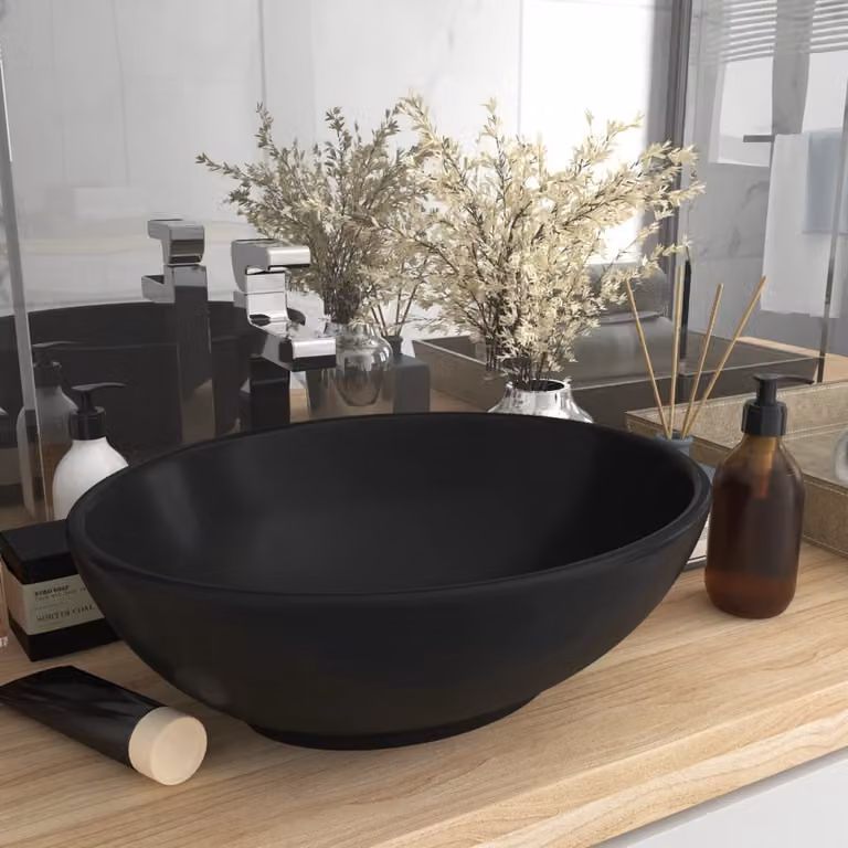 The Living Store Lussuoso lavabo ovale nero opaco 40x33 cm in Vetroceramica