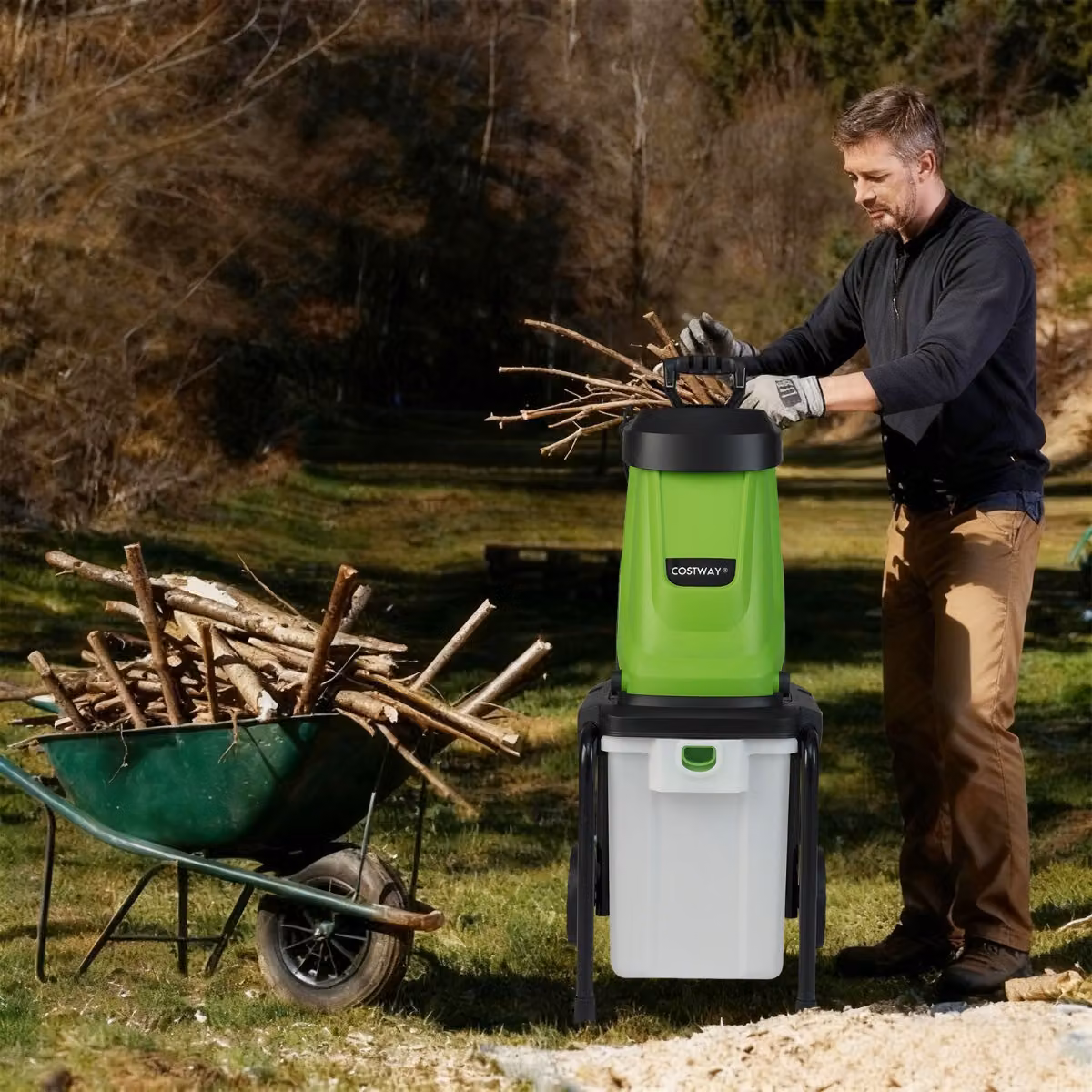 Trituratore elettrico per legno da giardino Costway 2800W con cesto da 50 l Verde