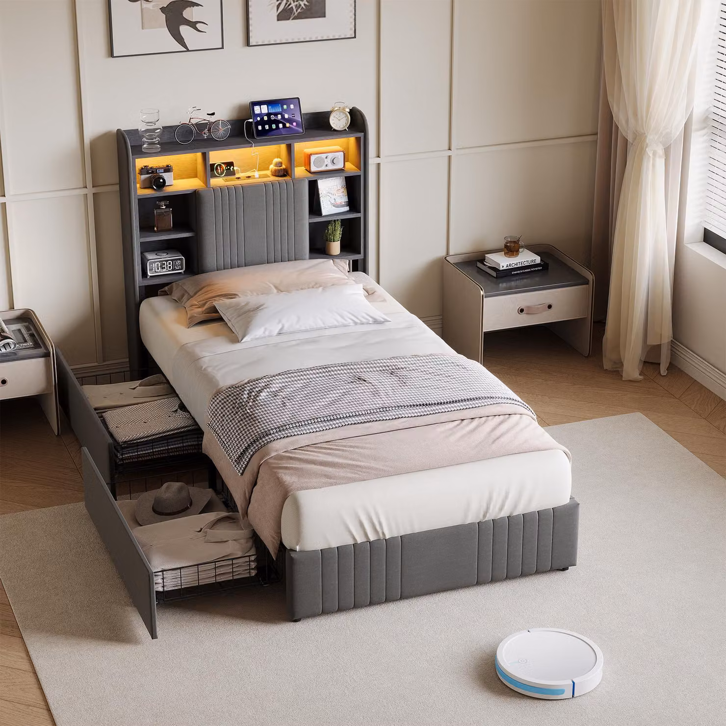 Letto imbottito ProximaX 90x200 cm con porte USB e prese di corrente, letto singolo per ragazzi con 2 cassetti, letto contenitore in legno massello con luci a LED e rete a doghe, tessuto in lino, grigio