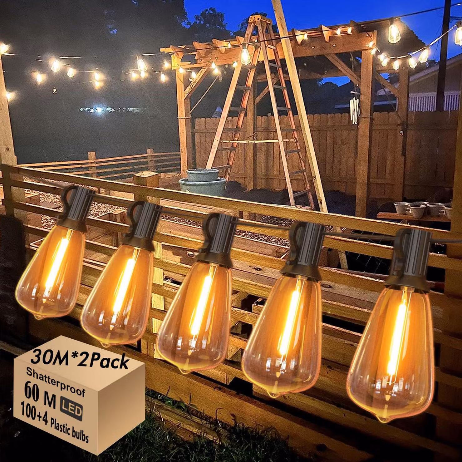 Catena luminosa a LED da 60 metri, con 104 lampadine, grado di protezione IP44, luce bianco caldo 2700K, per uso esterno