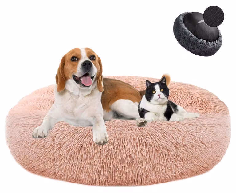Cuccia per cani a forma di ciambella, in peluche, lavabile, morbida, diametro 70 cm, color rosa pelle