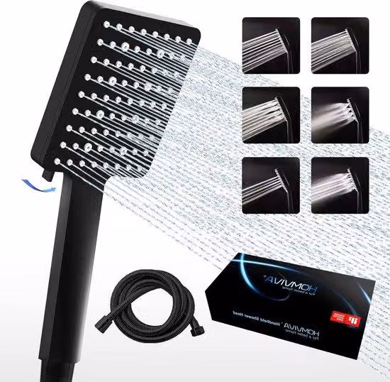 Set doccia a mano universale da 18 m - soffione potente per il bagno - 6 modalità di getto - bassa pressione dell'acqua - soffione nero opaco con tubo