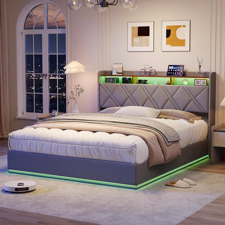 Letto matrimoniale ProximaX, 140x200 cm, tessuto in lino grigio, testiera con illuminazione LED, prese USB-C e contenitore integrato