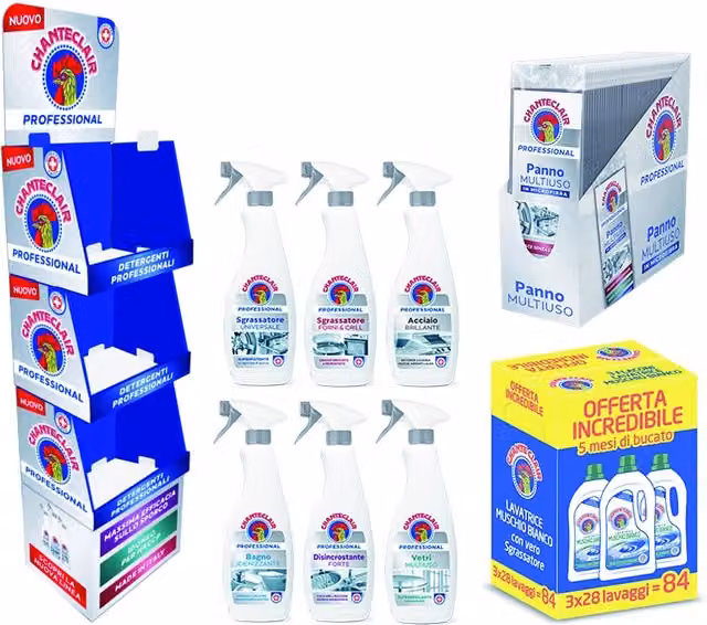 Set di pulizia Chanteclair con espositore da 48 pezzi, tripacco e 32 panni in microfibra multicolore e bianco