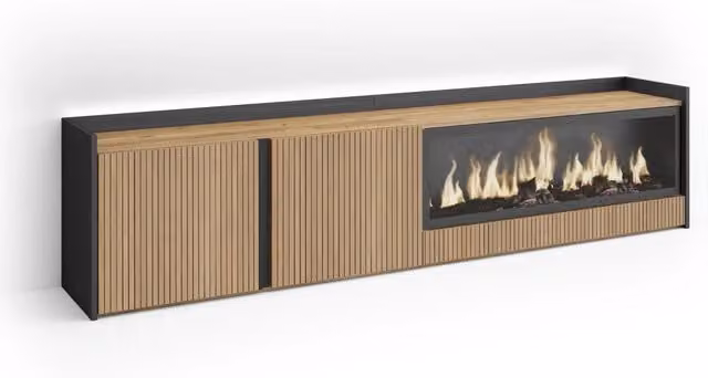 Mobile TV Soggiorno, 212x50x35 cm, Per TV fino a 80", Camino elettrico XXL, Led, Rovere e nero
