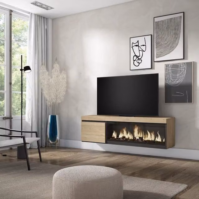 Mobile TV Soggiorno, 158x35x45cm, Per TV fino a 65", Camino elettrico XXL, da appendere, colore Rovere RF3254
