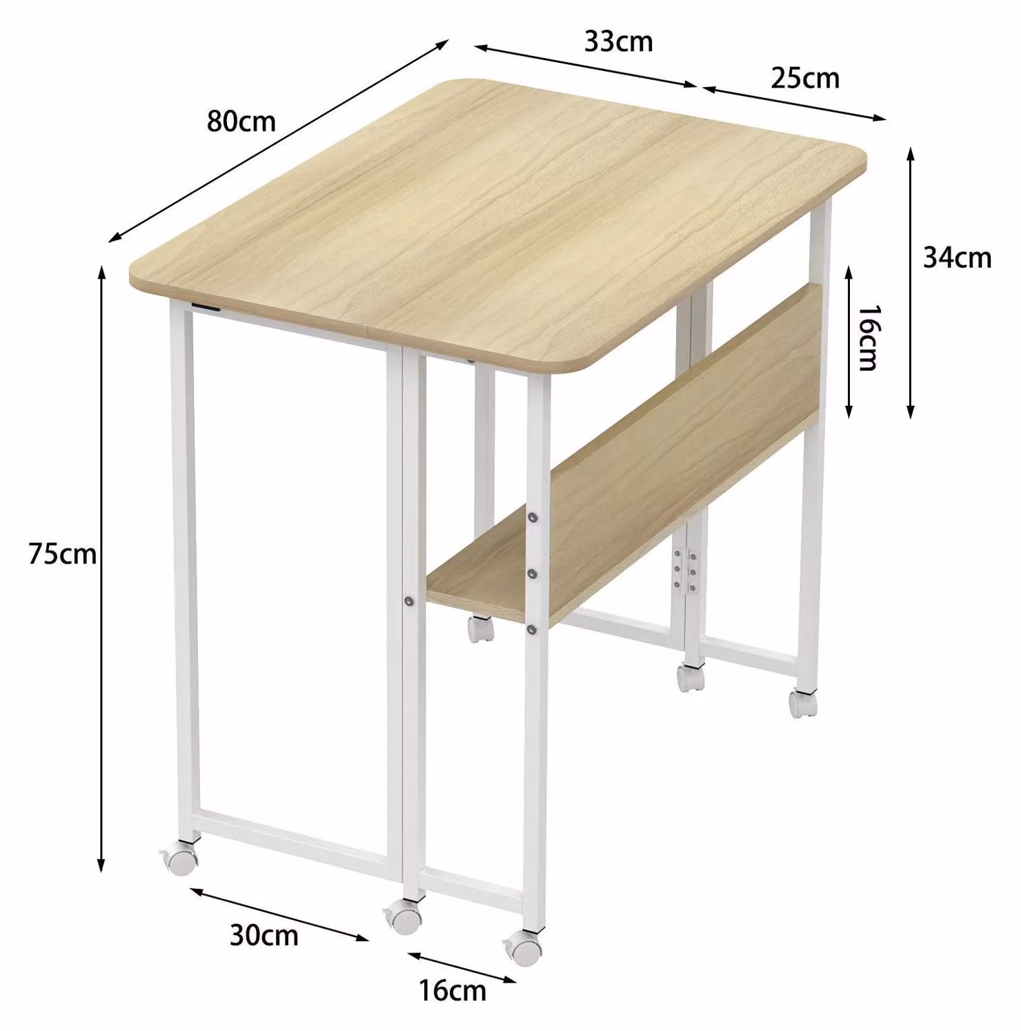 Scrivania pieghevole - Tavolo per laptop - Scrivania per computer - Con rotelle - Con ripiano - Piccolo tavolino ausiliario - Ideale per l'ufficio domestico - Aspetto in legno naturale