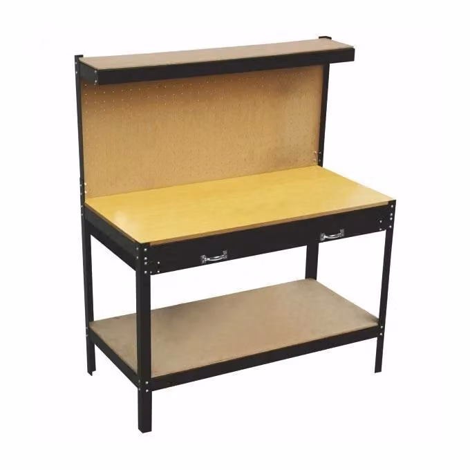Banco Lavoro ALTE con 1 Cassetto e Pannello Forato, Struttura in Acciaio e Piano in Legno, Altezza Regolabile, Nero, L: 120 cm, P: 60 cm, H: 94-150 cm – 2