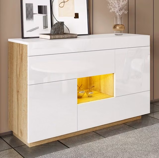Credenza bicolore con 2 cassetti; 2 ante; vano aperto e LED app a 16 colori