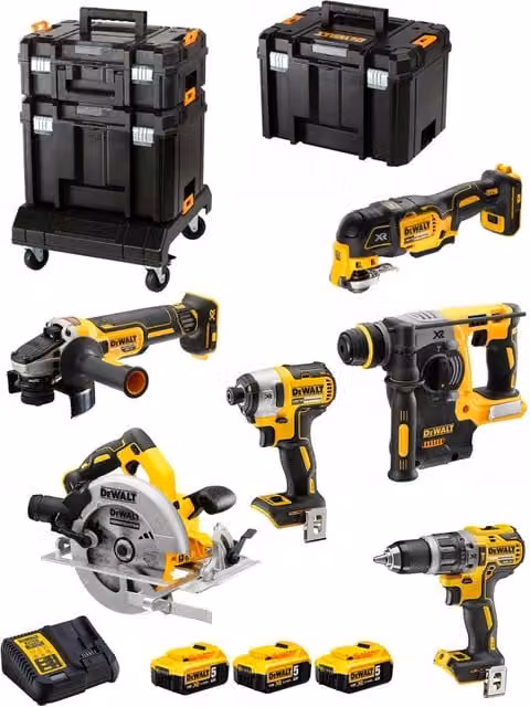 Kit utensili DeWALT DCK685P3T con avvitatore, trapano, martello perforatore, smerigliatrice, seghetto, troncatrice, 3 batterie da 5,0Ah, caricabatterie e sistema di contenitori TSTAK in giallo – 1